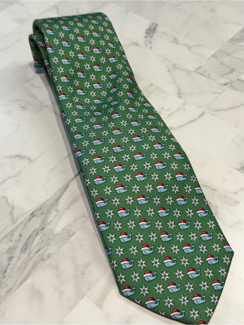 Vineyard Vines Tie Green Christmas Whales 100% Silk Handpicked by Shep & Ian